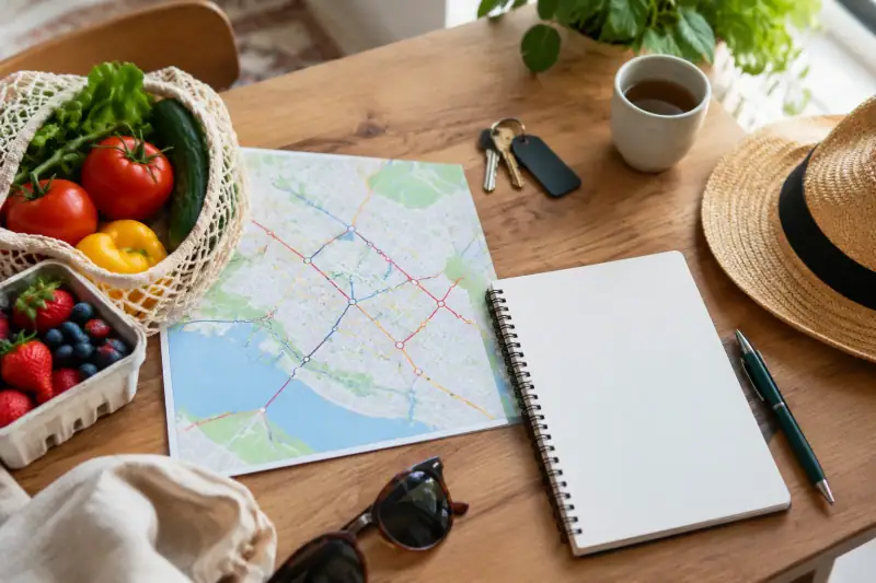 Apart konaklama anahtarları, ulaşım haritası, pazar ürünleri ve boş bir defterle tatil bütçesi planlaması
