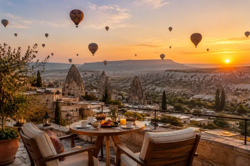 Gün doğumunda Kapadokya vadilerinin üzerinde yükselen sıcak hava balonları ve butik otel terası