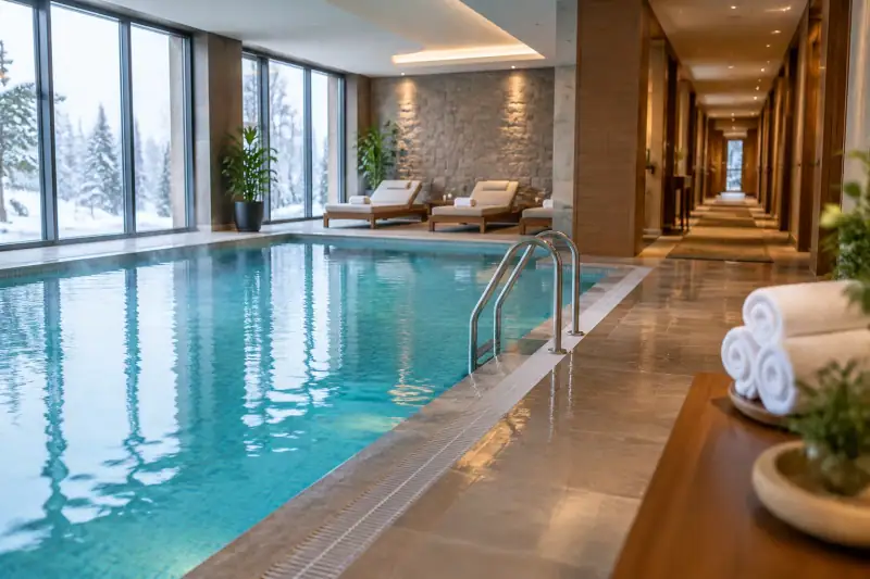 Otel odalarına açılan koridorun yanında görünen kapalı termal havuz