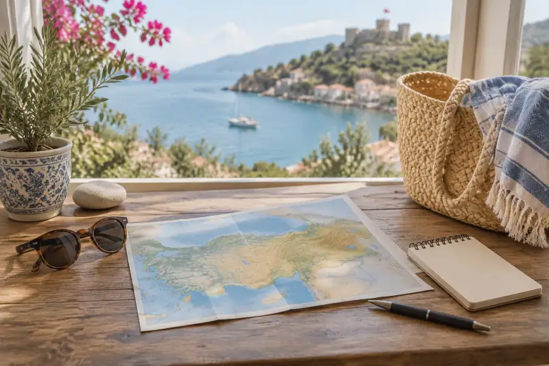 Türkiye haritası ve sahil çantasıyla bütçe dostu tatil rotalarını planlama sahnesi